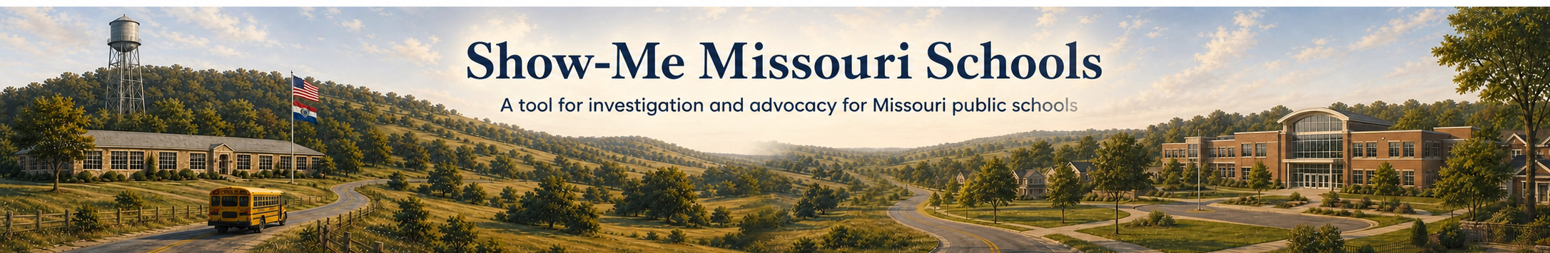 Show-Me Missouri Schools — A tool for investigation and advocacy for Missouri public schools. An illustrated Missouri landscape: a rural stone schoolhouse, water tower, farm and school bus on one side; a modern brick school and the St. Louis skyline with the Gateway Arch on the other.