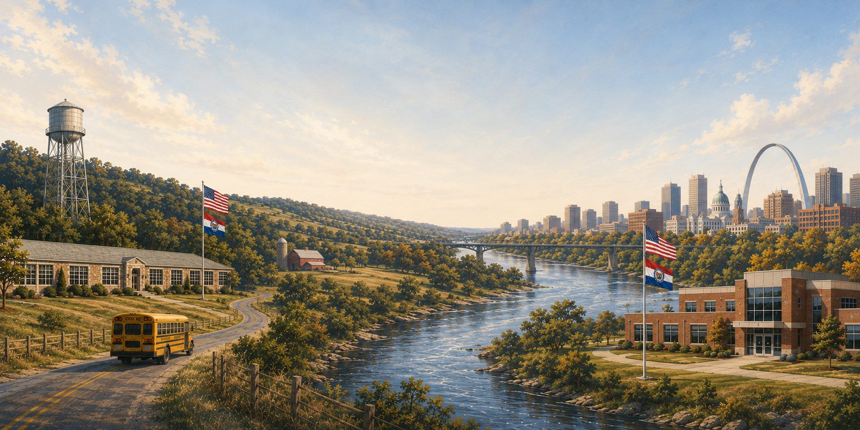 An illustrated Missouri landscape: a rural stone schoolhouse, water tower, farm and school bus on one bank of a river; a modern brick school, the Gateway Arch and the St. Louis skyline on the other